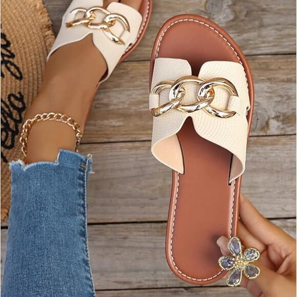 Women's Open Toe Chain Flat Sandals Faux Leather Summer Slippers Slip on Slides - Picture 4 of 4